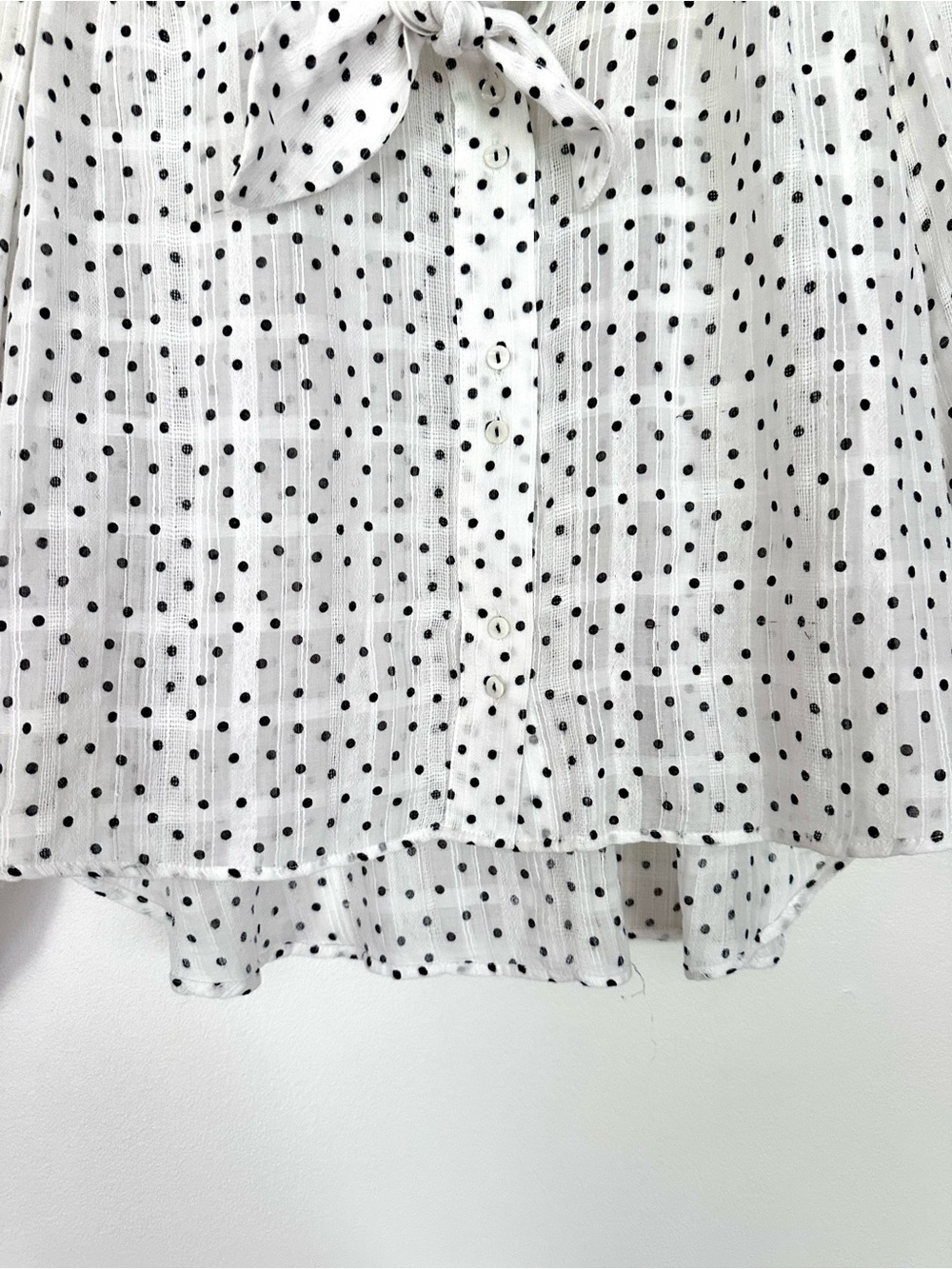 Zara White Sheer Blouse with Black Polka Dots and Tie Neck Size Small - Picture 5 of 9